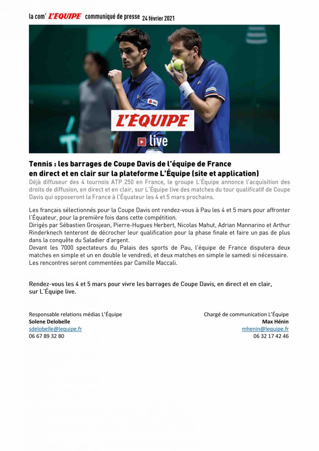 Droits TV/ tennis les barrages de Coupe Davis de l’équipe de France